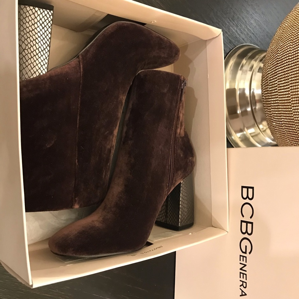 BCBG Velvet Heel Boots with Reptile Skin Heel
